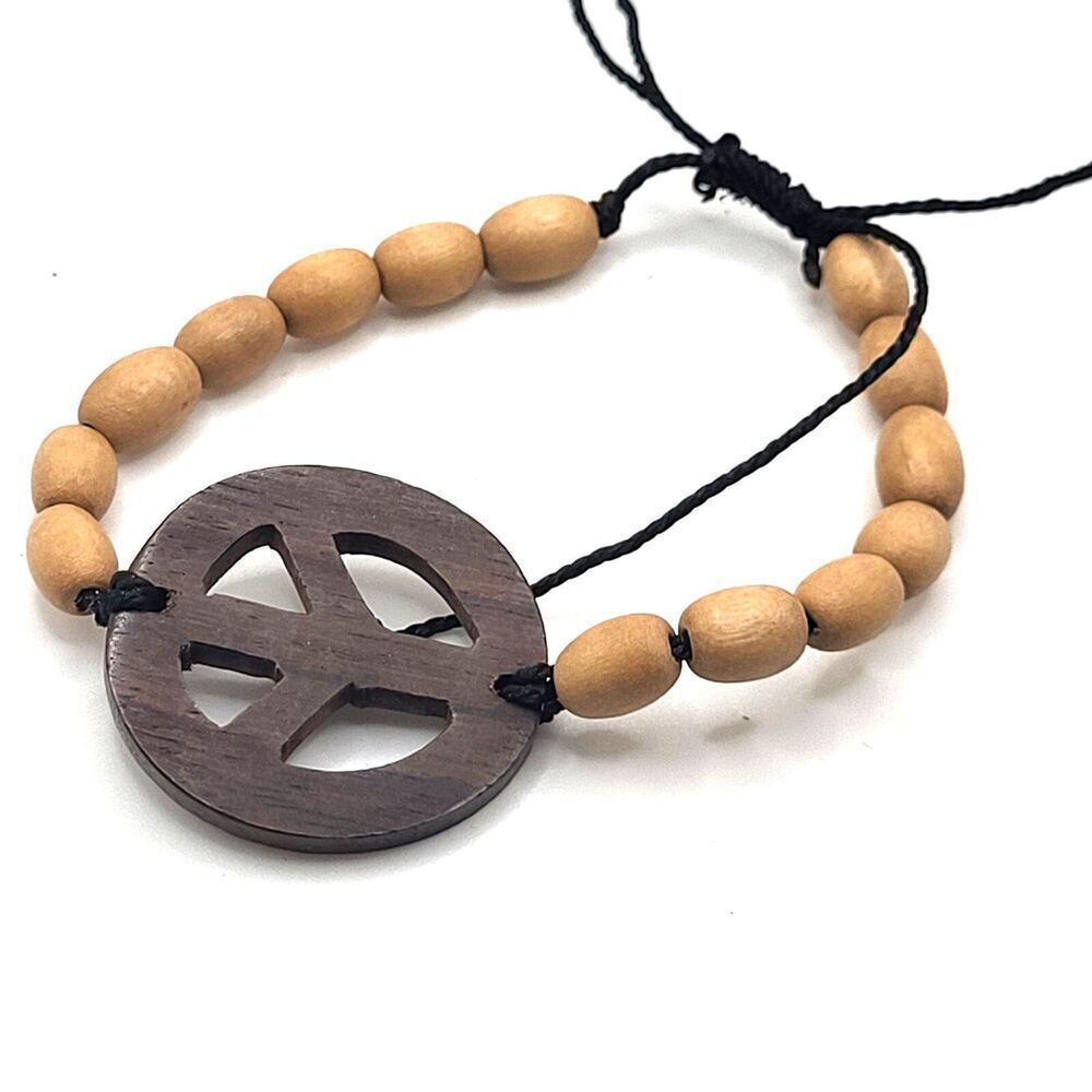 Bohemian Peace Sign Coconut Shell Wood Beaded Bracelet Adjustable
